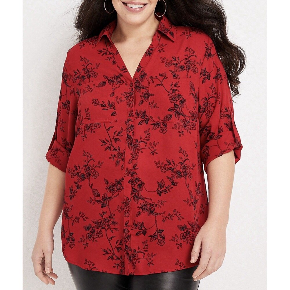 Maurices Women Plus Size Winona Red Floral Button Down Blouse XL Roll Tab Sleeve